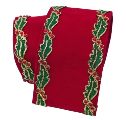 4" X 10 YD Red Holly Bordered Ribbon 3 4" X 10 YD Red Holly Bordered Ribbon